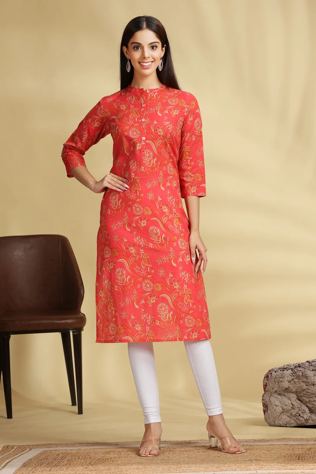 Classic Orange Cotton Print Kurti