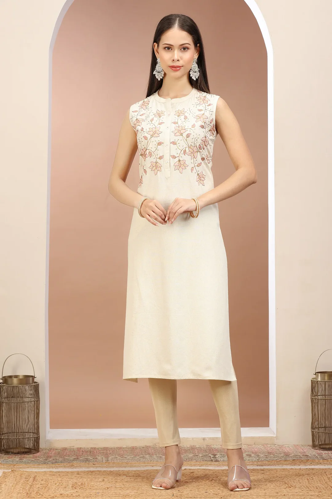 Embroidered Rayon Off White Kurtaset
