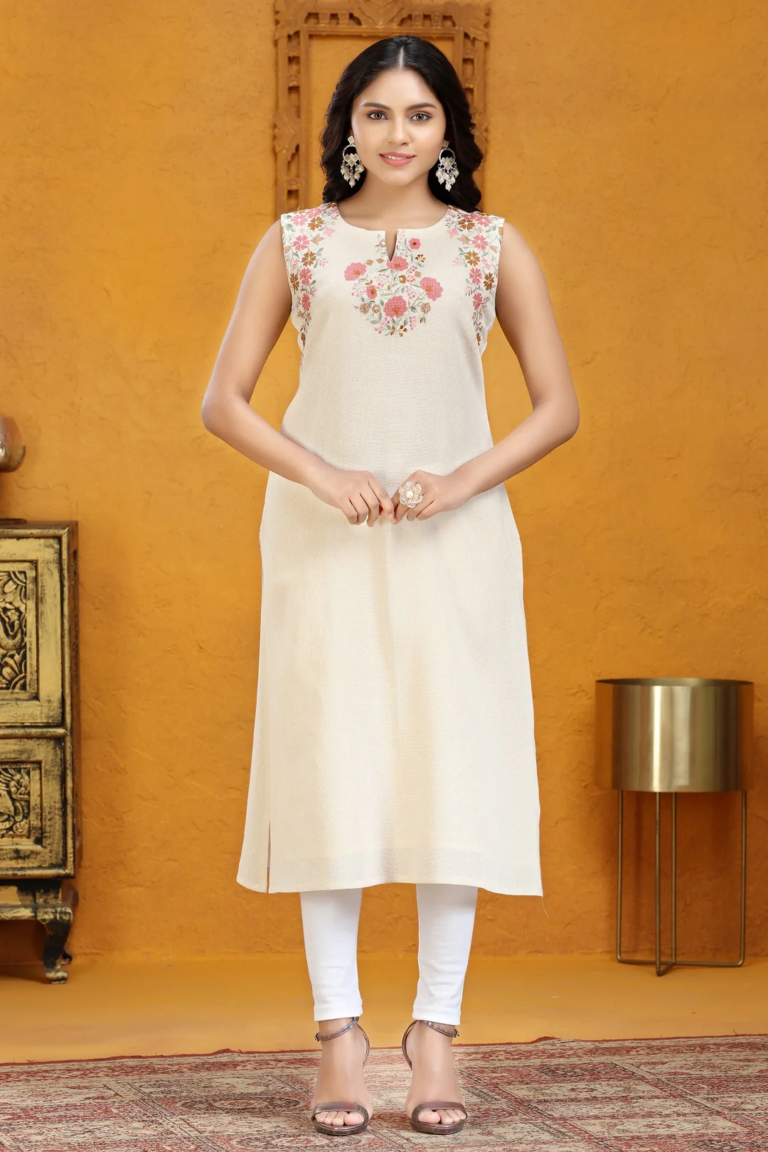 Embroidered Rayon Off White Kurtaset